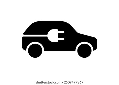 Electric car icon. Green electrical automobile charging plug black symbol. Eco friendly electro hybrid vehicle logo concept. EV auto electricity charger station eps logotype