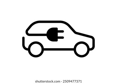 Electric car icon. Green electrical automobile charging plug black linear symbol. Eco friendly electro hybrid vehicle logo concept. EV auto electricity charger station eps logotype