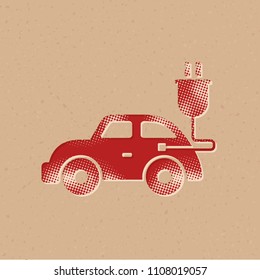 Electric car icon in halftone style. Grunge background vector illustration.