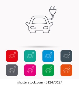 Electric car icon. Hybrid auto transport sign. Linear icons in squares on white background. Flat web symbols. Vector