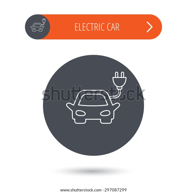 Electric car icon.\
Hybrid auto transport sign. Gray flat circle button. Orange button\
with arrow. Vector