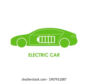 Electric car icon isolated on white background. Side view. Electric battery inside the car. Alternative energy. Vector illustration.