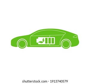Electric car icon isolated on white background. Side view. Electric battery inside the car. Alternative energy. Vector illustration.
