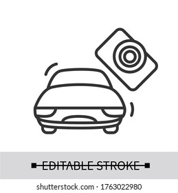 Electric car icon with modern touchscreen display option linear pictogram. Concept of new driving controls interface and modern transportation technology. Editable stroke vector illustration