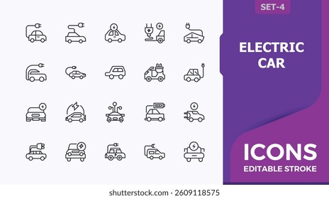 Electric Car icon pack. Contain linear sign electric, vehicle, electrical, auto, transport, charge, hybrid and more. Hybrid Vehicle modern icon. Thin web icons. Editable vector stroke.
