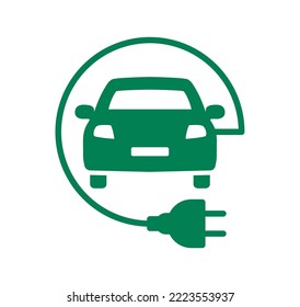 Electric car icon. Electric car with plug charging - logo. EV car. Hybrid and electric vehicles charging point. Eco car with electric charge. Eco friendly vehicle concept. Vector illustration.