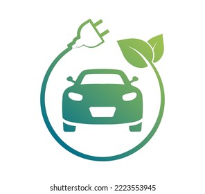 Electric car icon. Electric car with plug charging - logo. EV car. Hybrid and electric vehicles charging point. Eco car with electric charge. Eco friendly vehicle concept. Vector illustration.