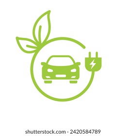 Icono de coche eléctrico. Coche eléctrico con carga de enchufe - logotipo.