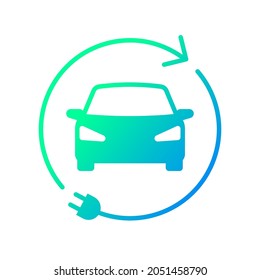 Electric car icon with recycling rotation arrow and plug symbol, EV car, Green hybrid vehicles charging, Renewable clean energy sign, Eco friendly vehicle concept, Vector illustration