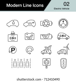Electric car icon set 2. Hybrid Vehicle symbol. Eco friendly auto or electric vehicle concept. Modern line design. Vector illustration.