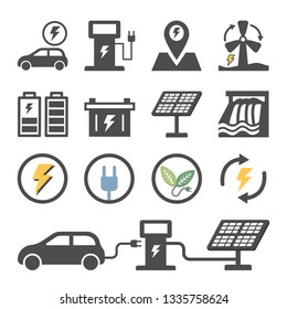 Electric car icon set. battery, charger, station, socket, rechargeable and more.