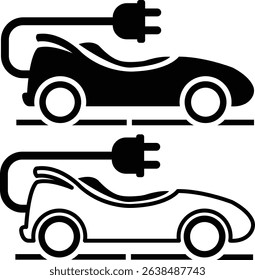 Electric Car Icon Set Black and White Illustrations of Plug-in Vehicles for Eco-Friendly Transportation Designs, Websites, and Applications