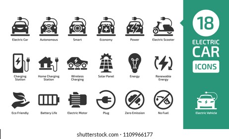 Electric car icon set with charger station, battery power and plug. Electricity vehicle shape pictogram collection.