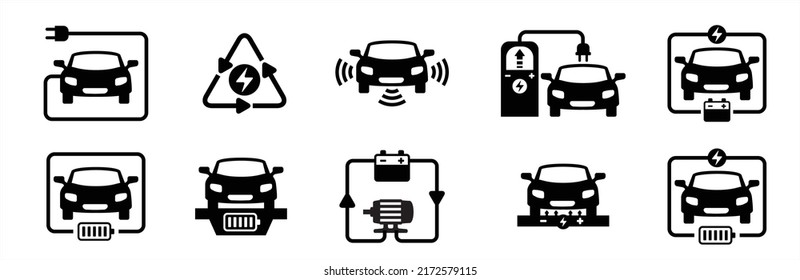 Elektrisches Autosymbol. Elektroautos mit Ladekabel. Auto-Pilot- und Elektromotorsymbol. Rufzeichen des Gebührenbahnhofs. Magnetfunk-Ladetasche oder Straße. Vektorgrafik.