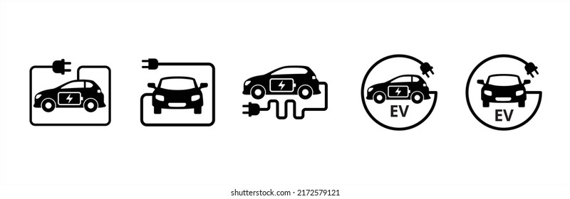 Electric car icon set. Electric car with charging power cord cable. Electric powered vehicle automobile sign. Vector stock symbol illustration. Flat simple design style.