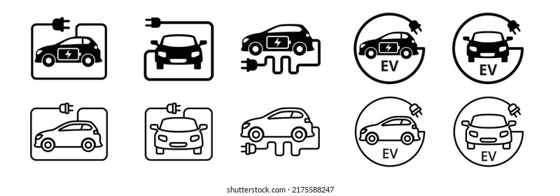 Juego de iconos de auto eléctrico. Coche eléctrico con cable de alimentación de carga. Señal del automóvil de propulsión eléctrica. Ilustración del símbolo del material vector. Diseño plano y de contorno.