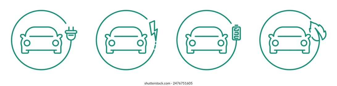 Electric car icon set. Charging stations. Electric car with charging power cord cable. Eco friendly concept. Vector illustration.