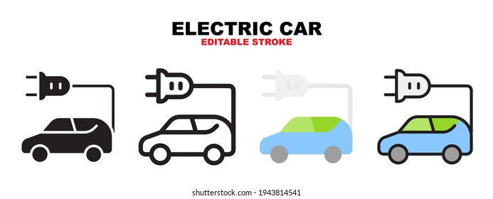 Icono de coche eléctrico con estilos diferentes. Iconos diseñados en color relleno, contorno, plano, glifo y línea. Actrazo editable y píxel perfecto. Se puede usar para web, móvil, ui y más.