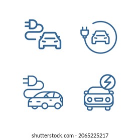 Electric car icon set. Electrical automobile cable contour and plug charging black symbol. Eco friendly electro auto vehicle concept. Vector electricity illustration