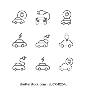 Electric car icon set. Electrical automobile cable contour and plug charging black symbol. Eco friendly electro auto vehicle concept. Vector electricity illustration