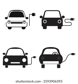 Electric Car Icon Set - EV Charging Symbol, Plug-in Vehicle Silhouette