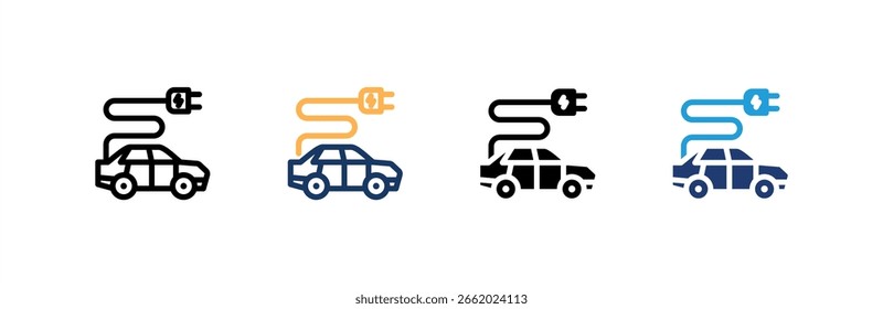 Ícone de carro elétrico definir coleção de estilos múltiplos. Ilustração vetorial.
