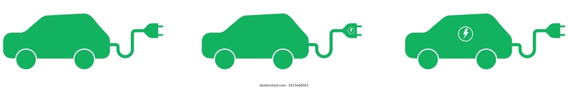 Electric car icon showing plug-in vehicle silhouette with charging connector used for EV charging, eco transport and electric mobility marking.