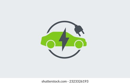 Símbolo del icono del coche eléctrico, estación de carga, batería y logotipo de enchufe, energía verde, concepto de vehículo ecológico, ilustración del vector