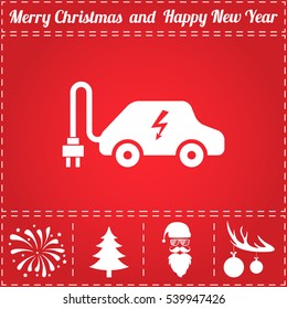 Electric Car Icon Vector. And Bonus Symbol For New Year - Santa Claus, Christmas Tree, Firework, Balls On Deer Antlers