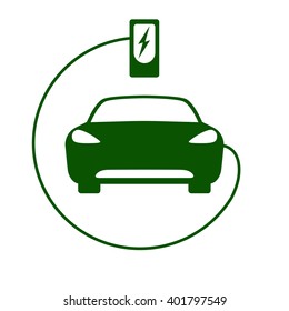 Electric car icon Vector Illustration. Front view of electric car and charging station