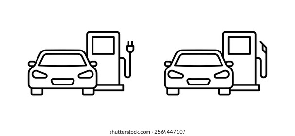 Conjunto de vetor ícone de carro elétrico. Automóvel com Símbolo de Posto de Gás