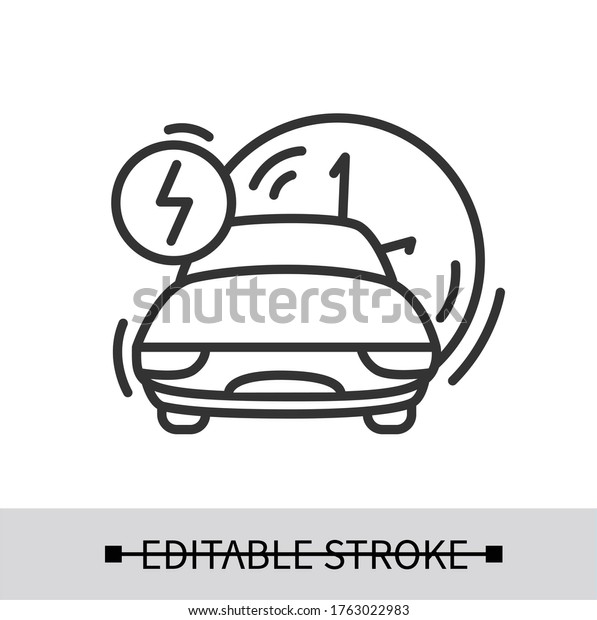 Electric car icon. Electric vehicle with\
line time and power linear pictogram. Concept of ecology friendly\
ev battery drive range and long distance transportation. Editable\
stroke vector\
illustration