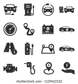 Electric Car Icons. Black Scribble Design. Vector Illustration.