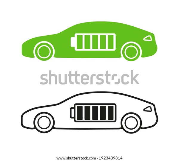 Electric car icons isolated on white\
background. Side view. Black and white and green silhouettes of an\
electric car. Electric battery inside the car. Alternative energy.\
Vector illustration.