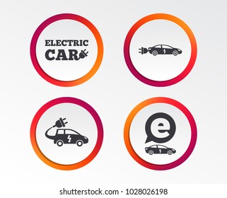 Electric car icons. Sedan and Hatchback transport symbols. Eco fuel vehicles signs. Infographic design buttons. Circle templates. Vector
