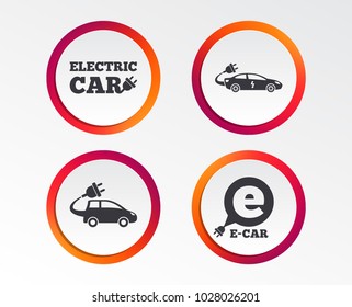 Electric Car Icons. Sedan And Hatchback Transport Symbols. Eco Fuel Vehicles Signs. Infographic Design Buttons. Circle Templates. Vector