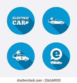 Electric car icons. Sedan and Hatchback transport symbols. Eco fuel vehicles signs. Circle concept web buttons. Vector