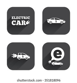 Electric car icons. Sedan and Hatchback transport symbols. Eco fuel vehicles signs. Square flat buttons with long shadow.