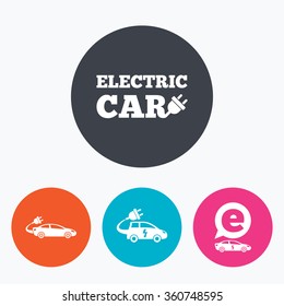Electric car icons. Sedan and Hatchback transport symbols. Eco fuel vehicles signs. Circle flat buttons with icon.