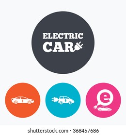 Electric car icons. Sedan and Hatchback transport symbols. Eco fuel vehicles signs. Circle flat buttons with icon.