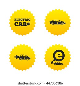 Electric car icons. Sedan and Hatchback transport symbols. Eco fuel vehicles signs. Yellow stars labels with flat icons. Vector