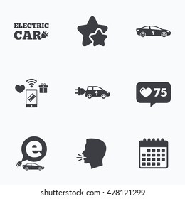 Electric car icons. Sedan and Hatchback transport symbols. Eco fuel vehicles signs. Flat talking head, calendar icons. Stars, like counter icons. Vector