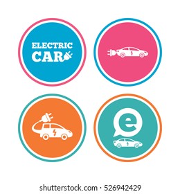 Electric car icons. Sedan and Hatchback transport symbols. Eco fuel vehicles signs. Colored circle buttons. Vector