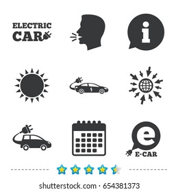 Electric car icons. Sedan and Hatchback transport symbols. Eco fuel vehicles signs. Information, go to web and calendar icons. Sun and loud speak symbol. Vector