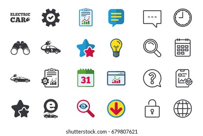 Electric car icons. Sedan and Hatchback transport symbols. Eco fuel vehicles signs. Chat, Report and Calendar signs. Stars, Statistics and Download icons. Question, Clock and Globe. Vector