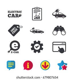 Electric car icons. Sedan and Hatchback transport symbols. Eco fuel vehicles signs. Browser window, Report and Service signs. Binoculars, Information and Download icons. Stars and Chat. Vector