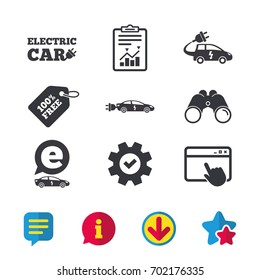 Electric car icons. Sedan and Hatchback transport symbols. Eco fuel vehicles signs. Browser window, Report and Service signs. Binoculars, Information and Download icons. Stars and Chat. Vector