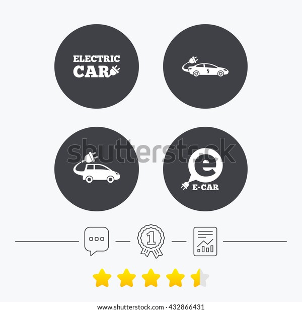 Electric car icons. Sedan and Hatchback\
transport symbols. Eco fuel vehicles signs. Chat, award medal and\
report linear icons. Star vote ranking.\
Vector