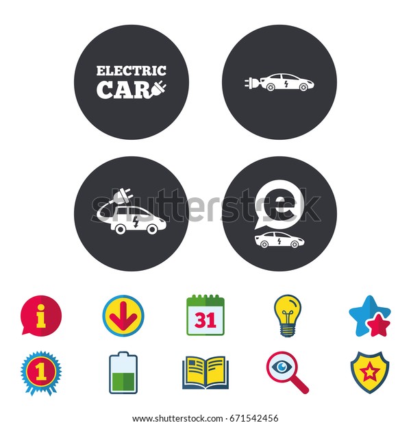 Electric car icons. Sedan and Hatchback transport\
symbols. Eco fuel vehicles signs. Calendar, Information and\
Download signs. Stars, Award and Book icons. Light bulb, Shield and\
Search. Vector