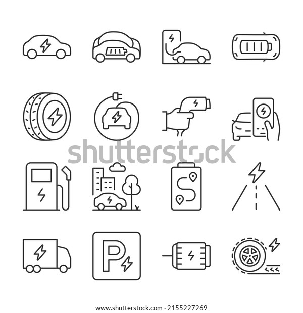 Electric car icons set.  Cars with electronic\
engine, charging, using, linear icon collection.\
Electrically-powered. Line with editable\
stroke